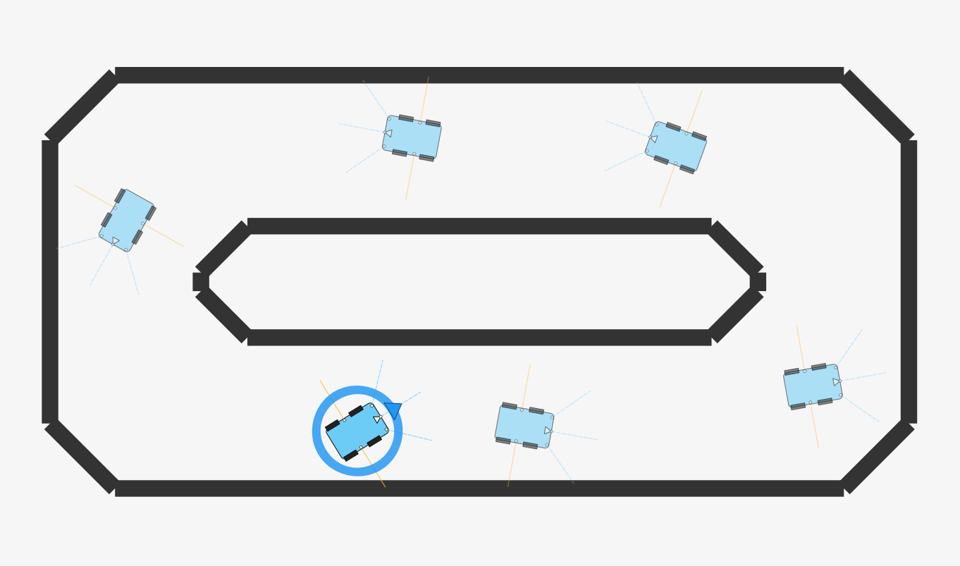 Multi-agent racing in PySaac Sim: six simulated cars on the track with their sensor rays drawn, and the ego car highlighted.